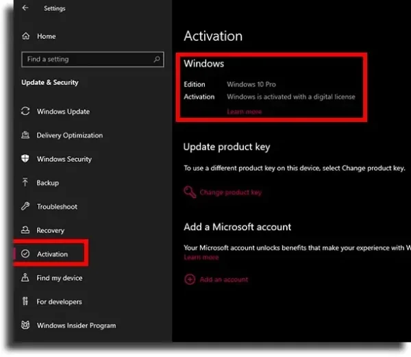 windows activated settings