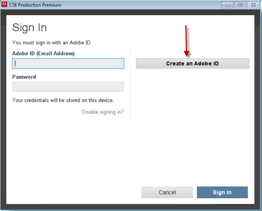 In order to start the installation you must either sign in with an existing Adobe ID or create a new ID. To create a new ID, click on “Create an Adobe ID” as shown.