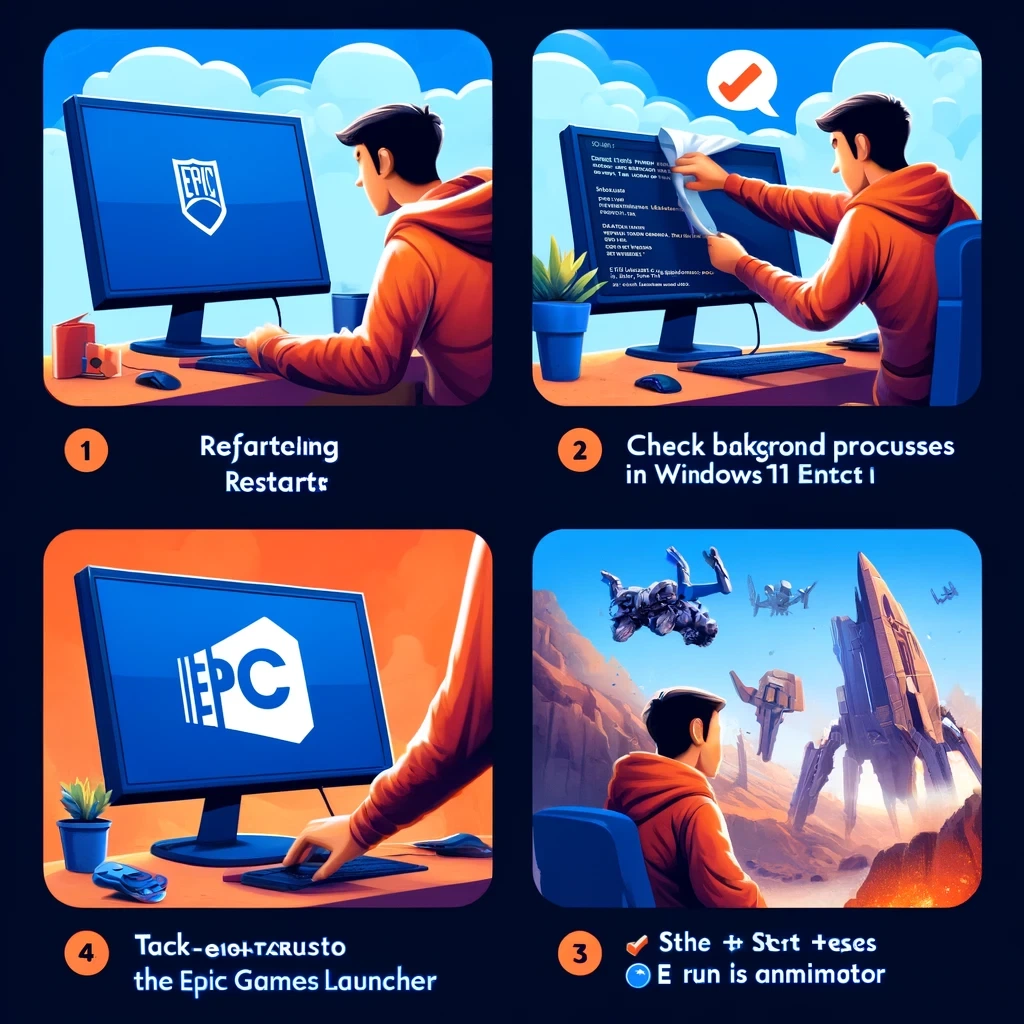DALL·E 2025 02 07 23.59.44 A detailed step by step guide in images for troubleshooting the Epic Games Launcher not opening on Windows 11. 1. First image shows a user restarting